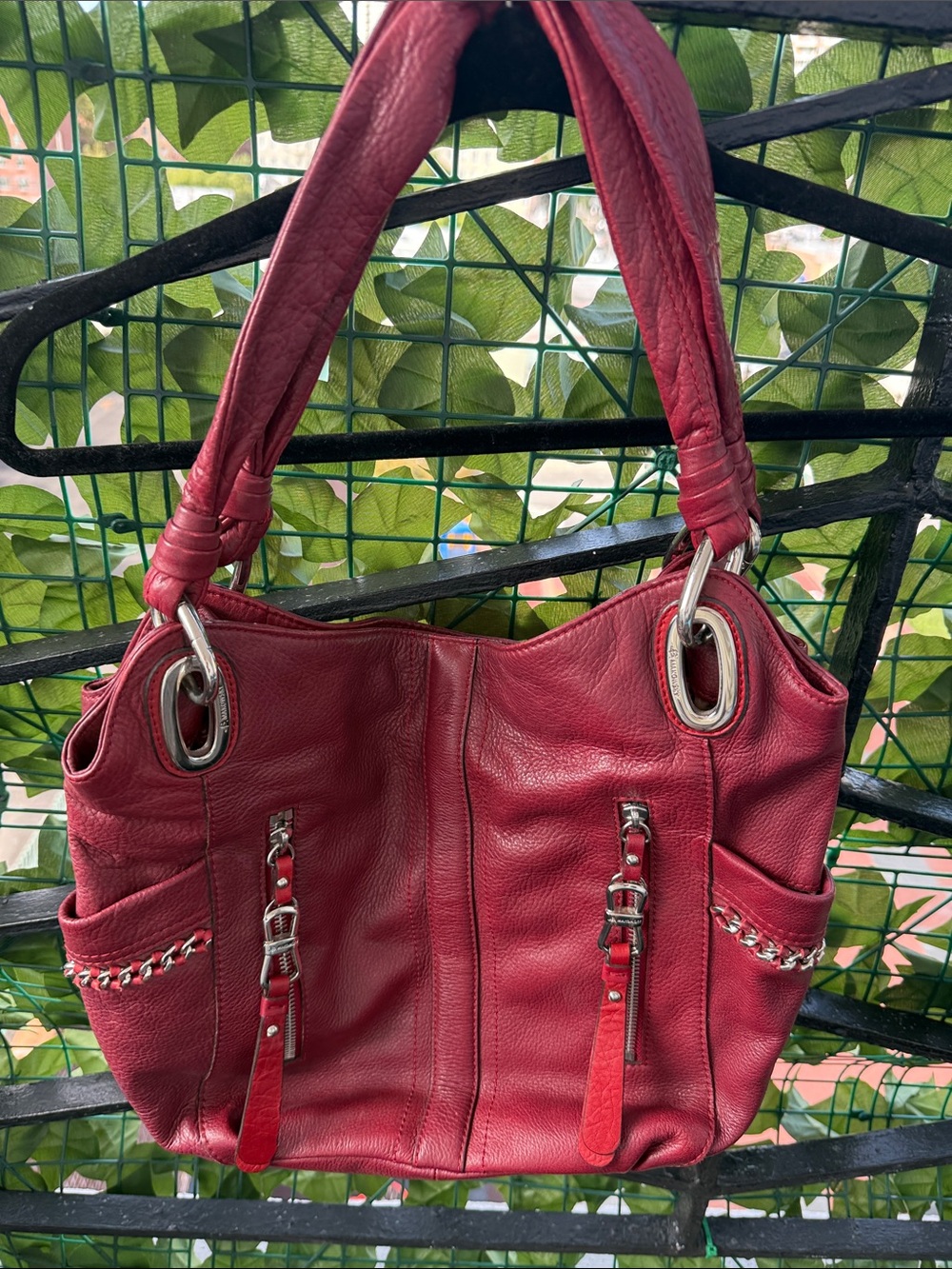 b. makowsky Red Pebbled Leather Shoulder Bag with Silver-Tone Hardware